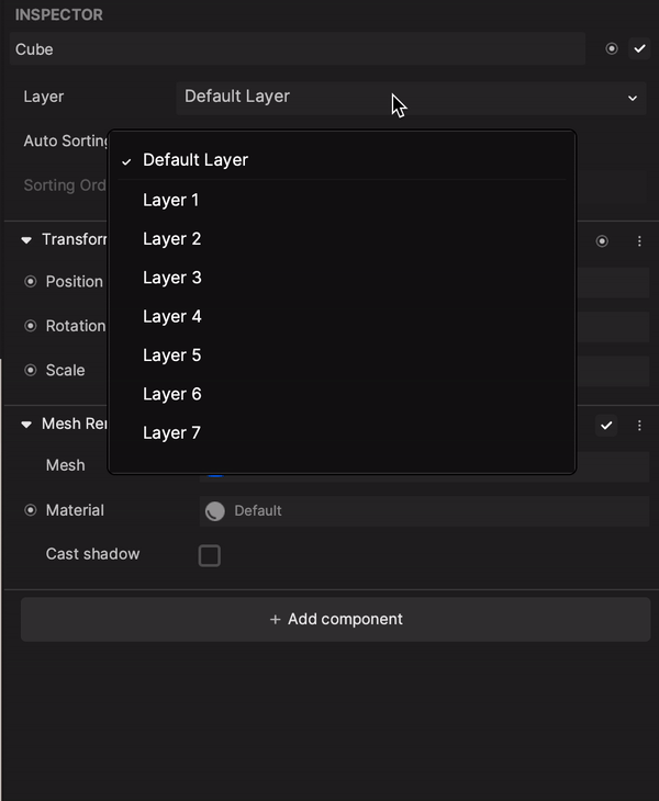 select a camera layer for a scene object