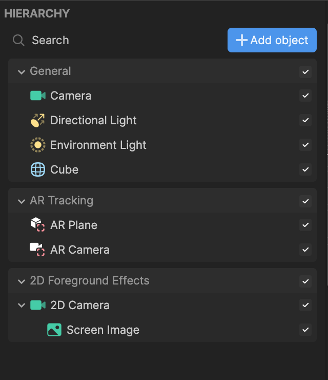 hierarchy panel in effect house workspace interface