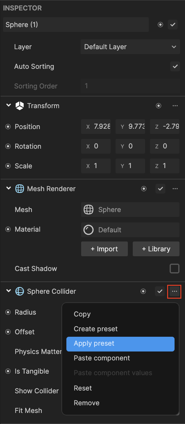 apply preset in inspector panel