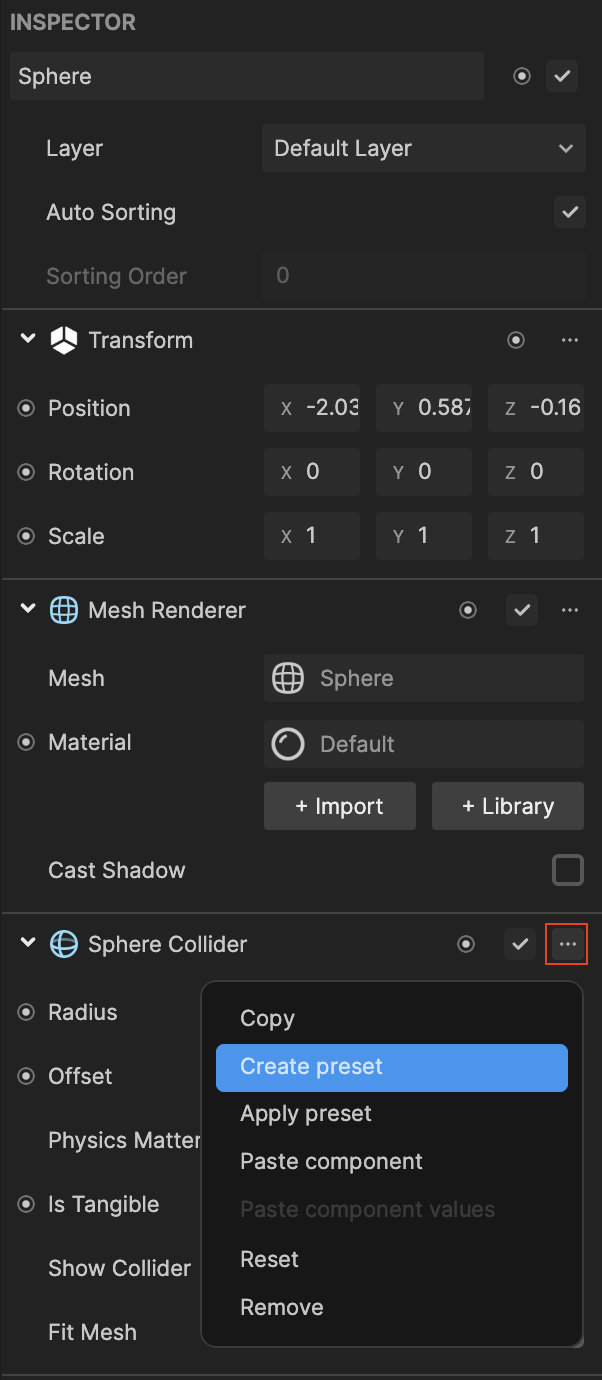 create preset in inspector panel