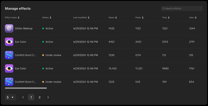 manage effects page