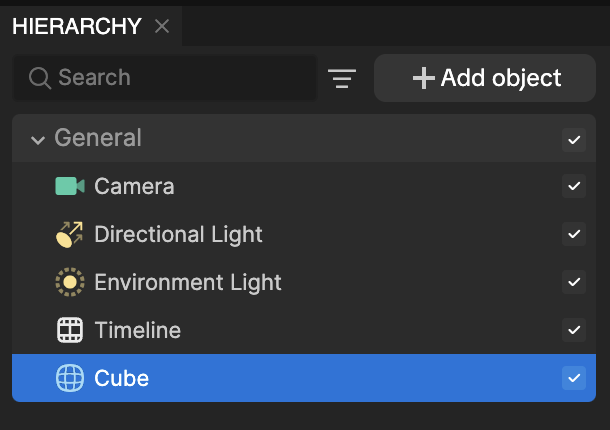 cube in hierarchy panel
