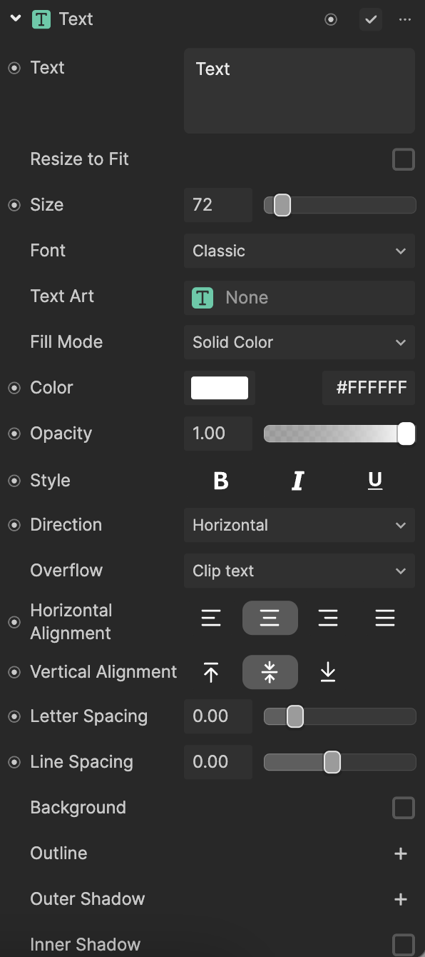 text component properties