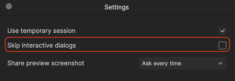 Skip Interactive Dialogs setting in Ask AI