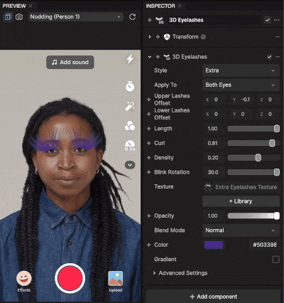 configure 3d eyelashes component