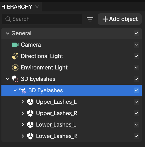 add 3d eyelashes hierarchy panel