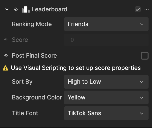leaderboard properties in the inspector panel
